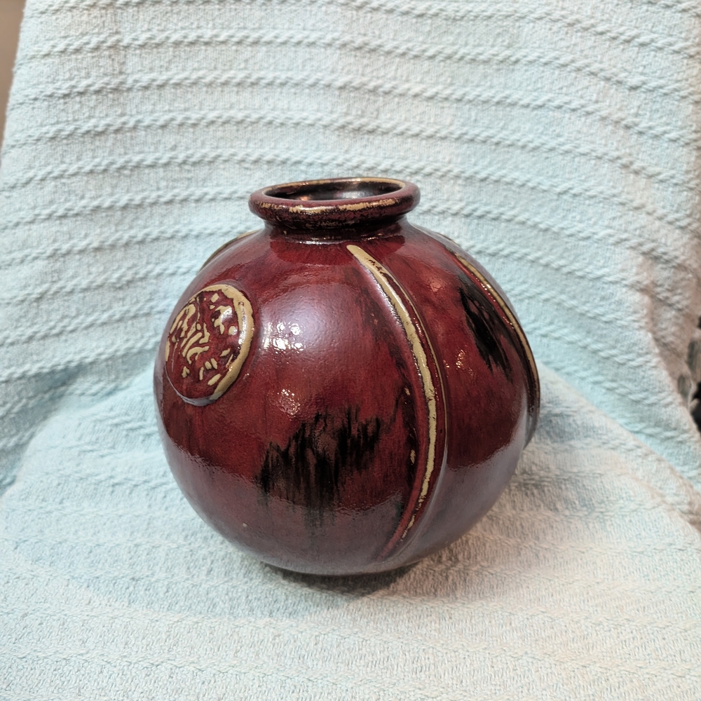 Medallion Flambe Oxblood Glaze Chinese Porcelain Pottery Round Vase Brush Stroke